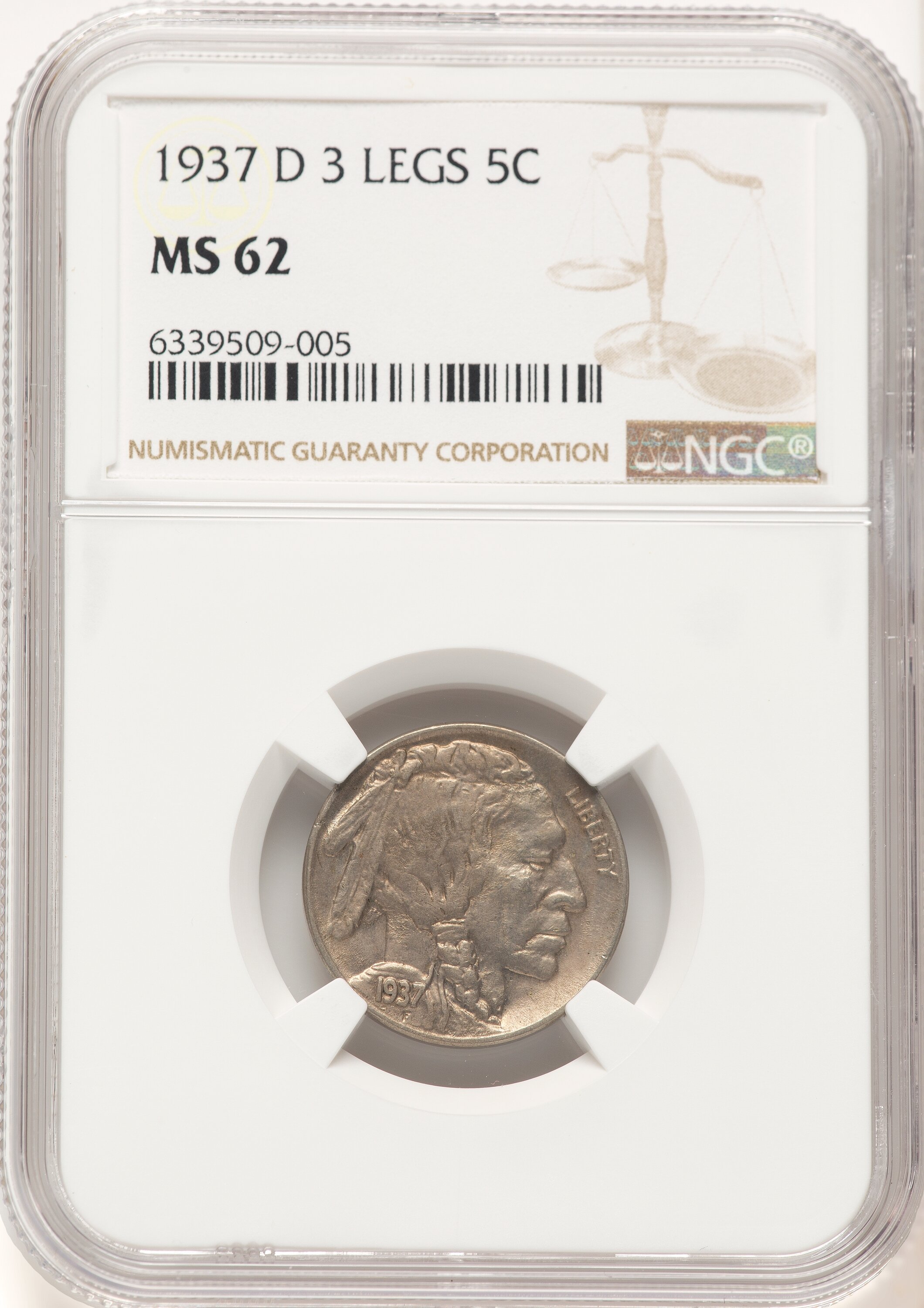 1937-D 5C Three-Legged, FS-901, MS 62 NGC