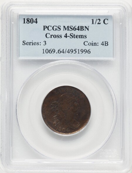 1804 1/2 C Crosslet 4, Stems, BN, MS 64 PCGS