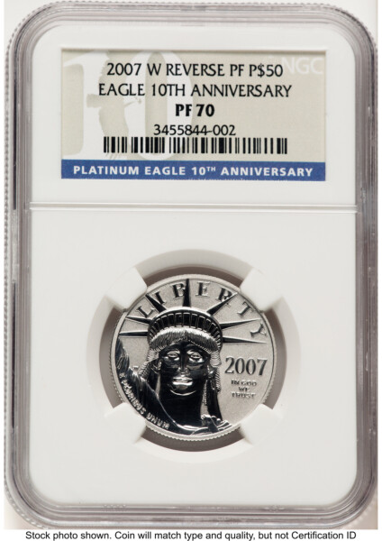 2007-W Reverse Proof Platinum Eagle 1/2 oz 10th Anniversary Label 70 NGC
