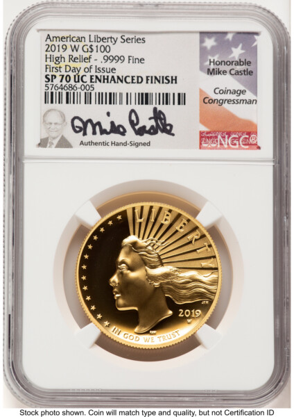 2019-W G$100 American Liberty High Relief, Enhanced, UC FDI Mike Castle 70 NGC