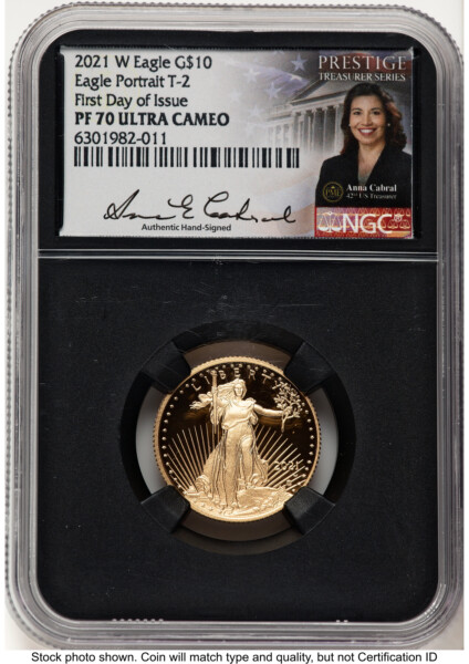 2021-W Type 2 Proof Gold Eagle 1/4 oz FDI Anna Cabral Prestige Treasurer Series Blk Core 70 NGC