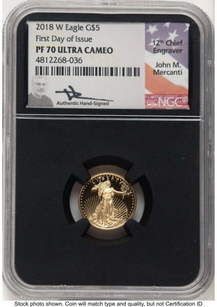 2018-W Proof Gold Eagle 1/10 oz FDI John Mercanti Blk Core 70 NGC