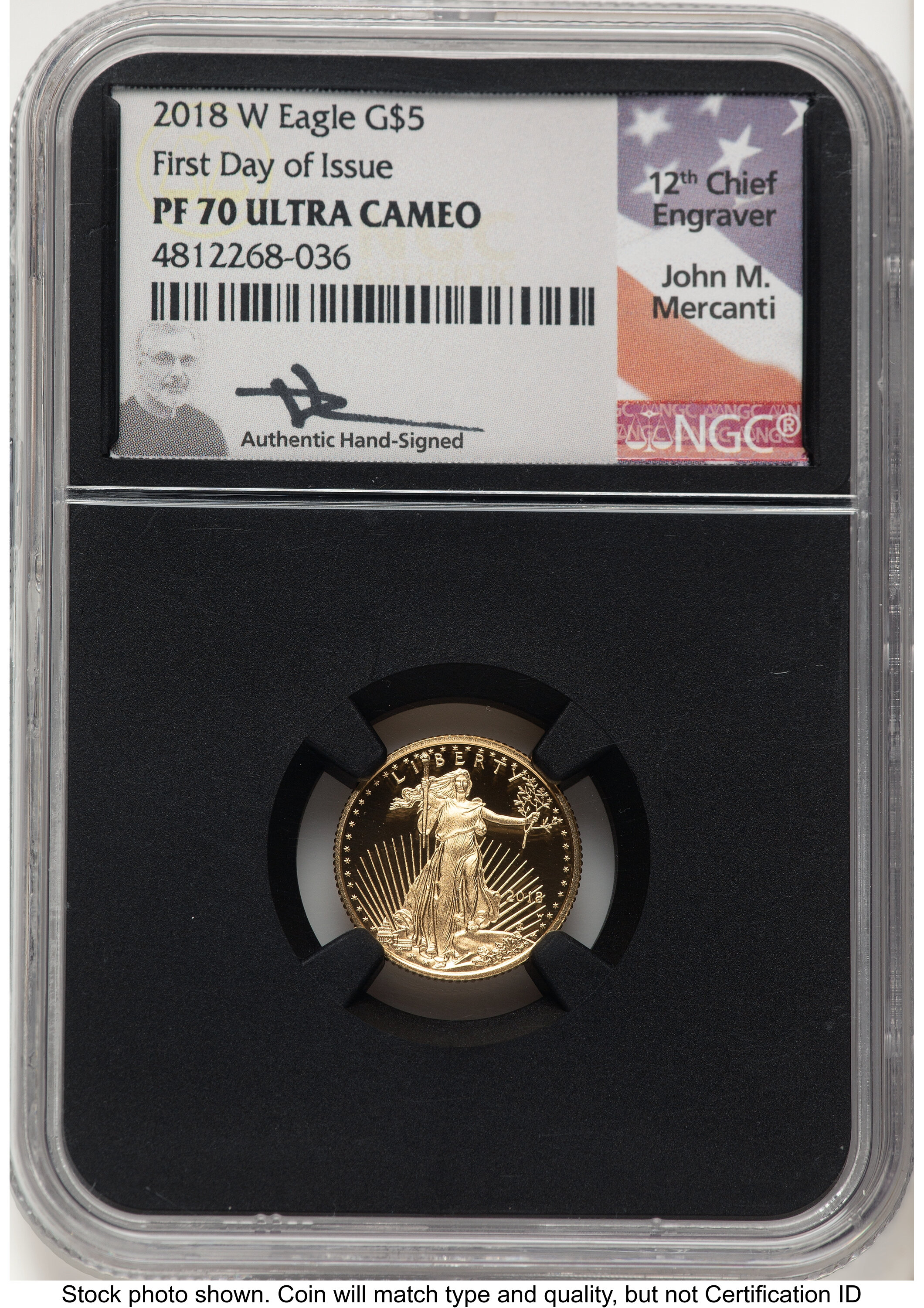2018-W Proof Gold Eagle 1/10 oz FDI John Mercanti Blk Core 70 NGC