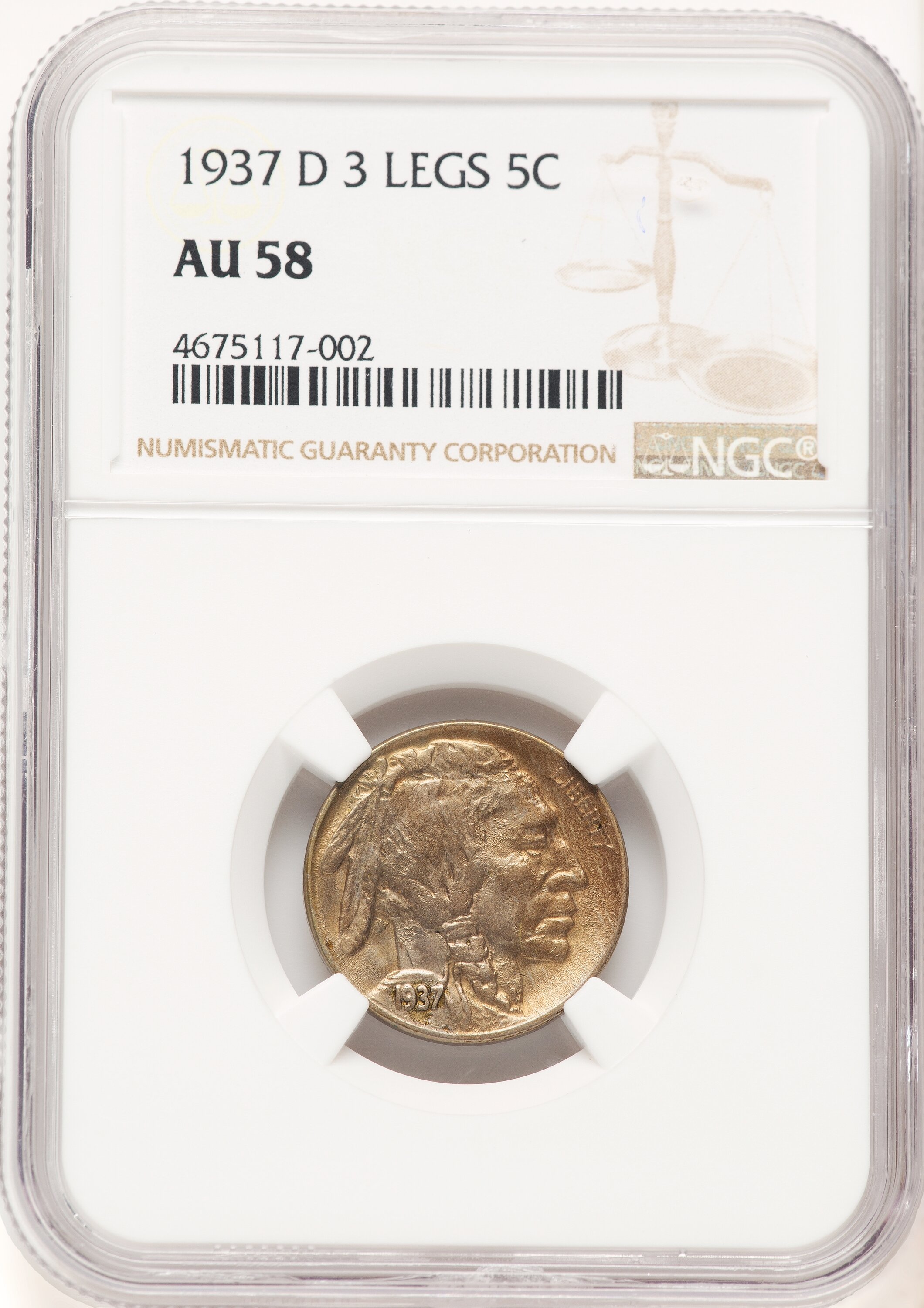 1937-D 5C Three-Legged, FS-901, MS 58 NGC