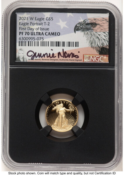 2021-W Type 2 Proof Gold Eagle 1/10 oz FDI Jennie Norris Blk Core 70 NGC