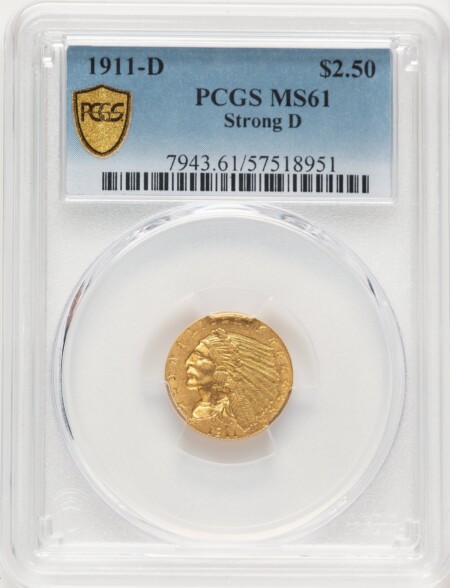 1911-D $2 1/2 PCGS Secure 61 PCGS