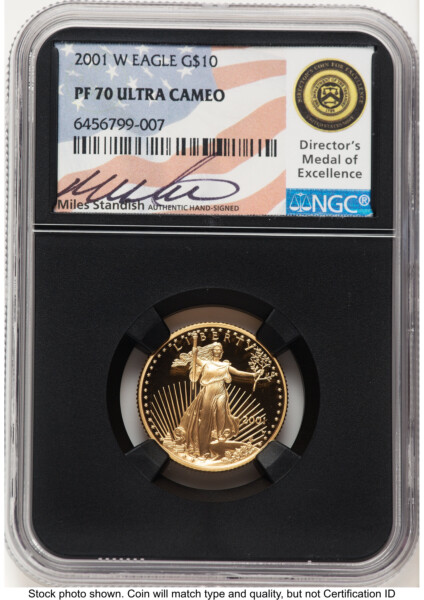 2001-W Proof Gold Eagle 1/4 oz Miles Standish Blk Core 70 NGC