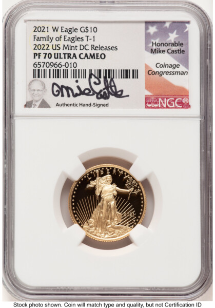 2021-W Type 1 Proof Gold Eagle 1/4 oz 2022 US Mint DC Releases Mike Castle 70 NGC