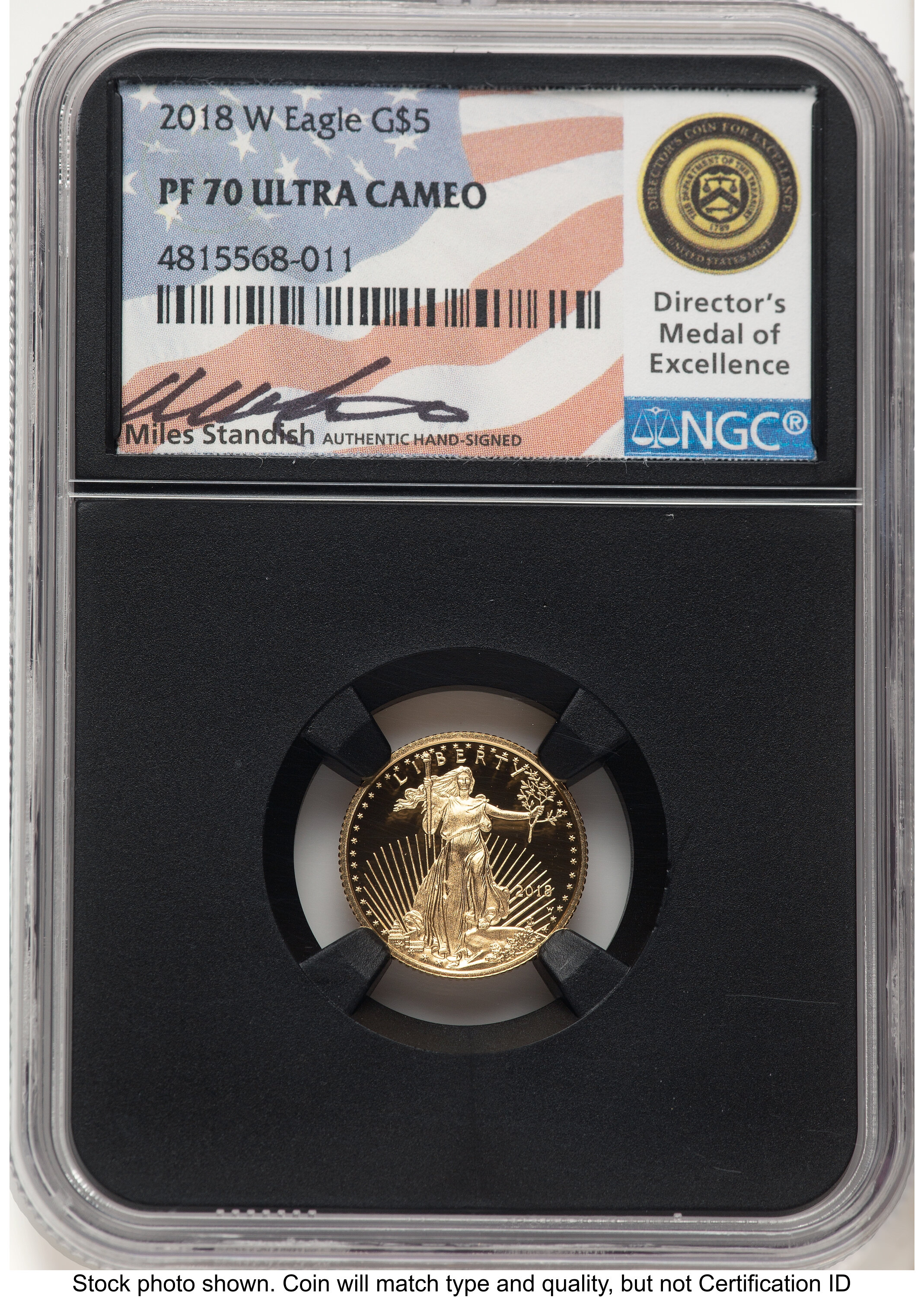 2018-W Proof Gold Eagle 1/10 oz Miles Standish Blk Core 70 NGC