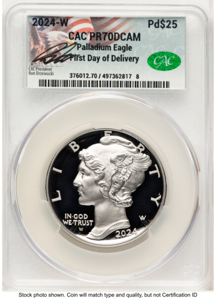 2024-W Palladium Eagle 1 oz, PR First Day of Delivery Ron Drzewuki 70 CACG