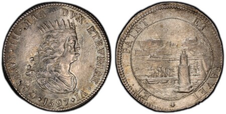 ITALIAN STATES. Livorno. Cosimo III de'Medici. (Grand Duke, 1670-1723). 1697 AR Tollero. PCGS AU58.  27.10gm. COSMVS III MAG DVX ETRVRIAE VI. Crowned and draped narrow bust, right / ET PATET – ET FAVET. View of the port of Livorno. KM 16.4; CNI 41; Galeot 58 PCGS