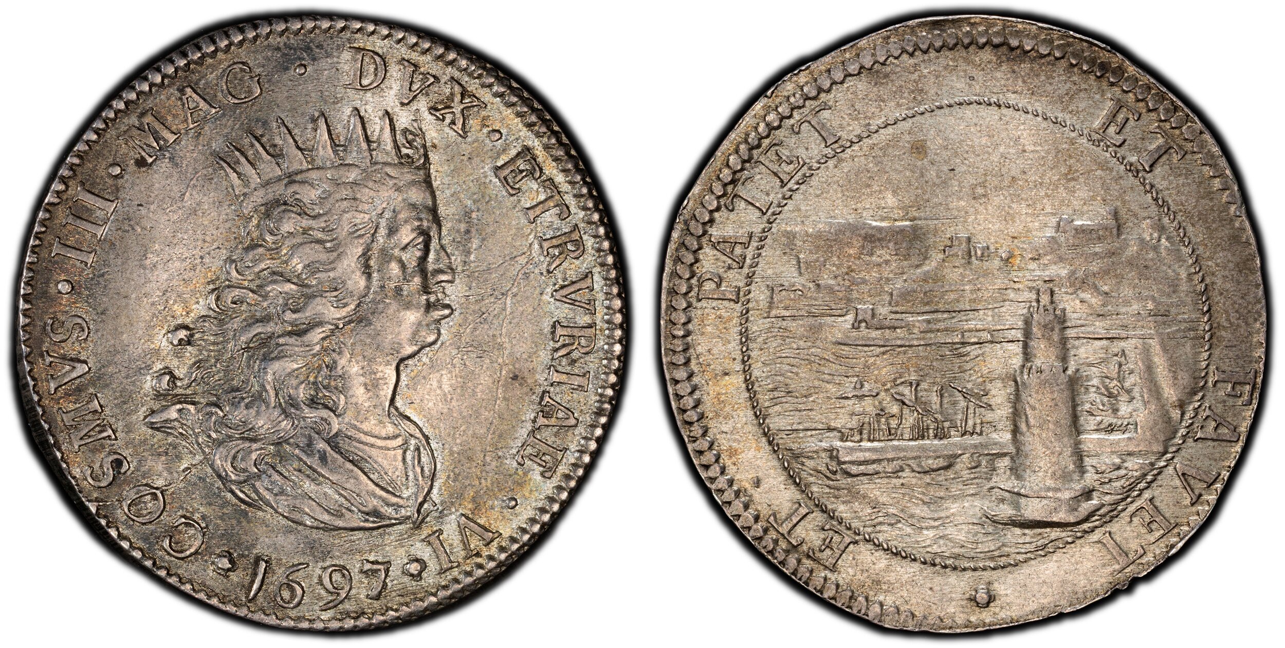 ITALIAN STATES. Livorno. Cosimo III de'Medici. (Grand Duke, 1670-1723). 1697 AR Tollero. PCGS AU58.  27.10gm. COSMVS III MAG DVX ETRVRIAE VI. Crowned and draped narrow bust, right / ET PATET – ET FAVET. View of the port of Livorno. KM 16.4; CNI 41; Galeot 58 PCGS