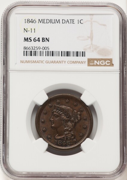 1846 1C Medium Date, N-11, MS, BN 64 NGC