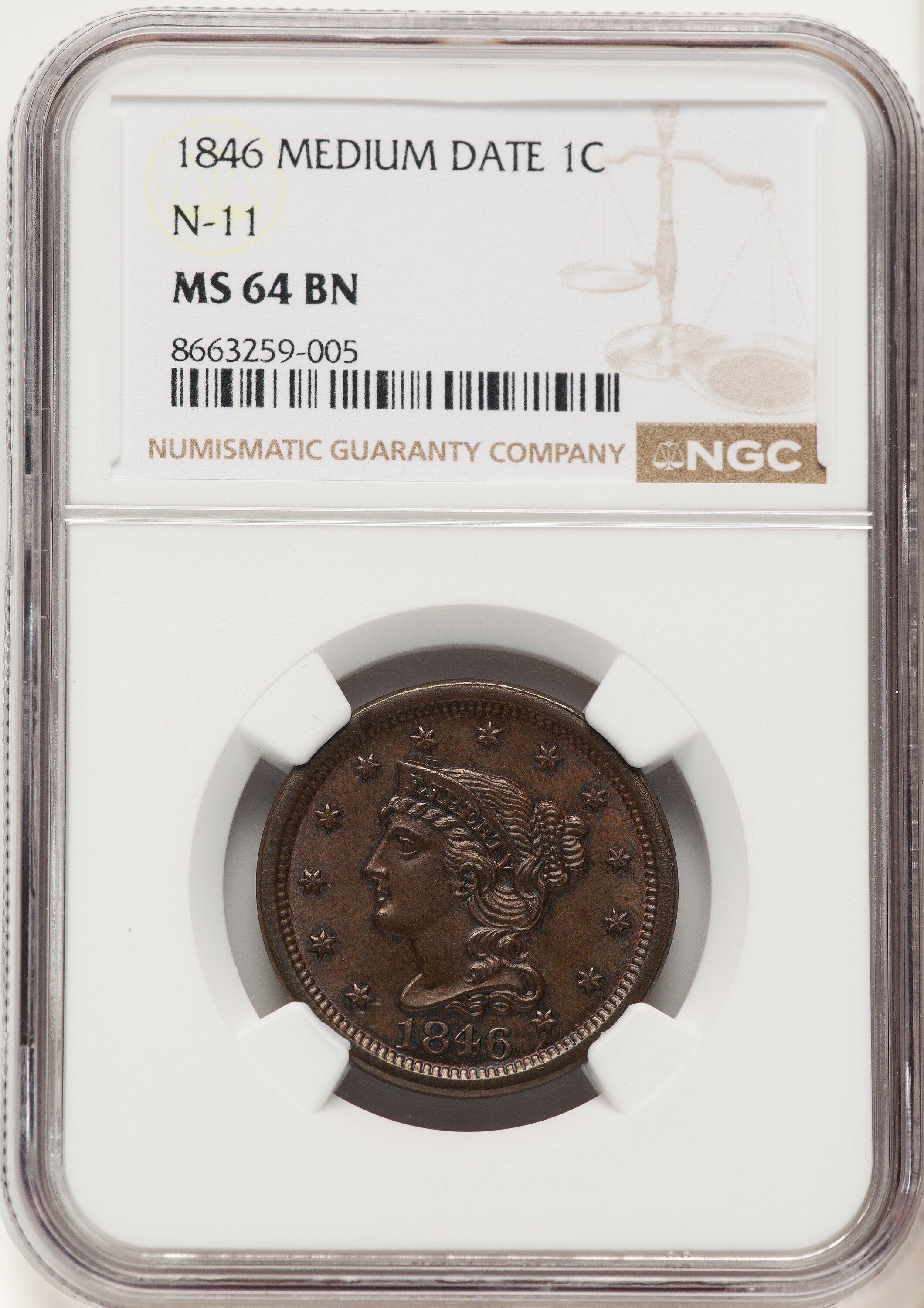 1846 1C Medium Date, N-11, MS, BN 64 NGC