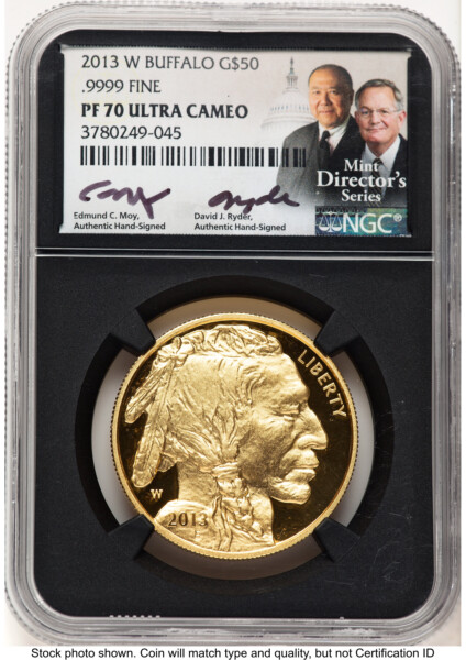 2013-W Proof Gold Buffalo 1 oz Ed Moy/David J Ryder Mint Director's Series Blk Core 70 NGC