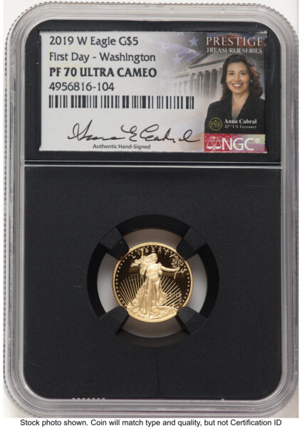 2019-W Proof Gold Eagle 1/10 oz FDI Anna Cabral Prestige Treasurer Series Blk Core Washington DC  70 NGC