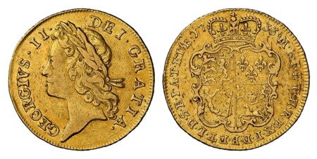 GREAT BRITAIN. George II. (King, 1727-1760). 1733 AV Guinea. NGC XF45.  GEORGIVS II - DEI GRATIA. Large letters / F · D · B · ET · L · D · S · R · I · A · T · ET · E · - M · B · F · ET · H · REX ·. Small letters. KM 573.3; SCBC-3674. 45 NGC
