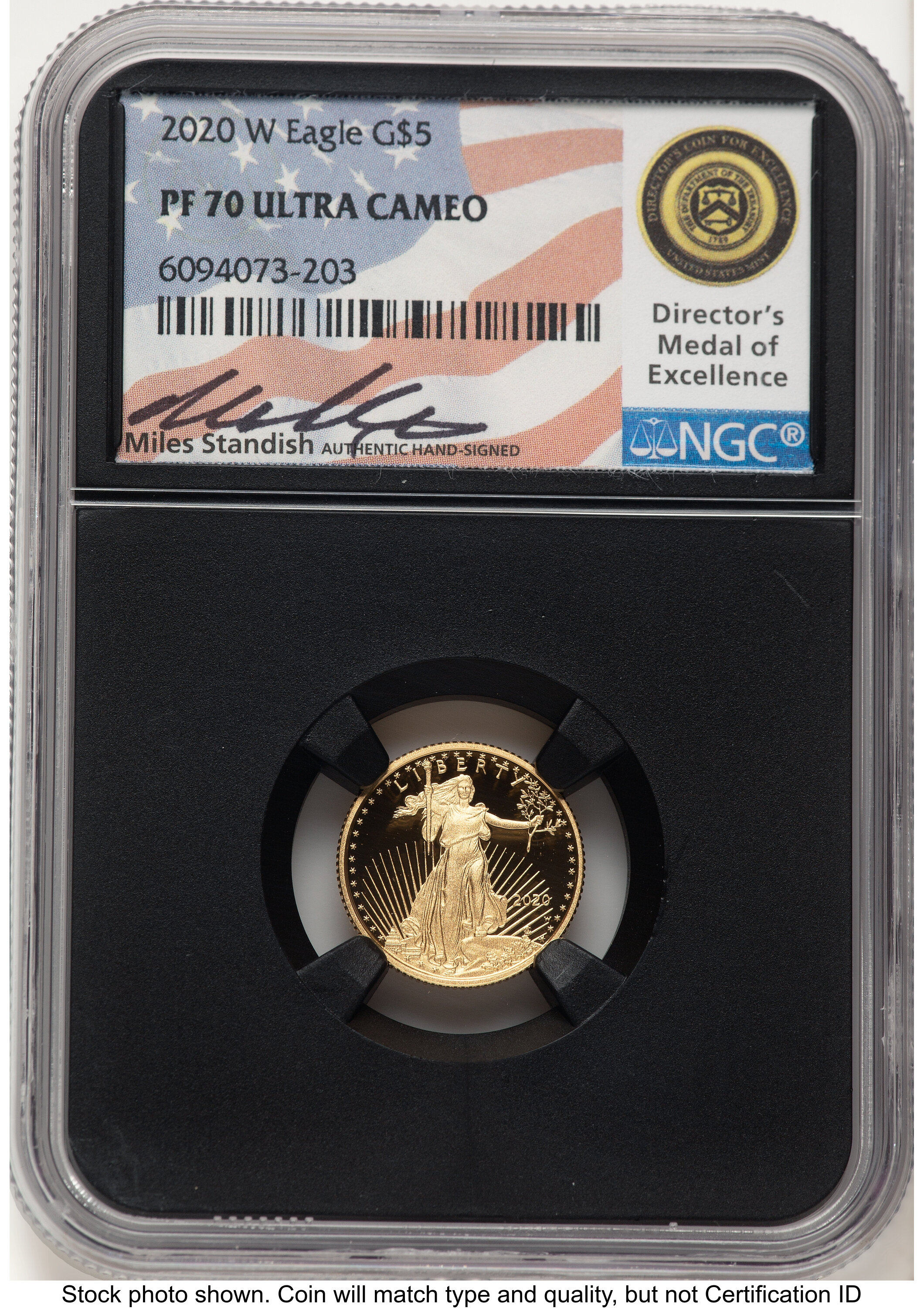 2020-W Proof Gold Eagle 1/10 oz Miles Standish Blk Core 70 NGC