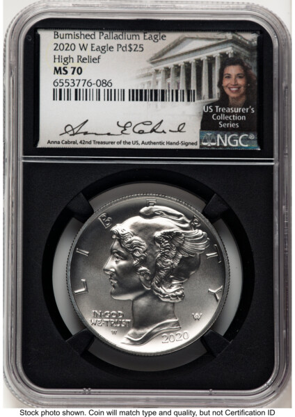 2020-W Palladium Eagle 1 oz Burnished Anna Cabral US Treasurer's Collection Series Blk Core 70 NGC