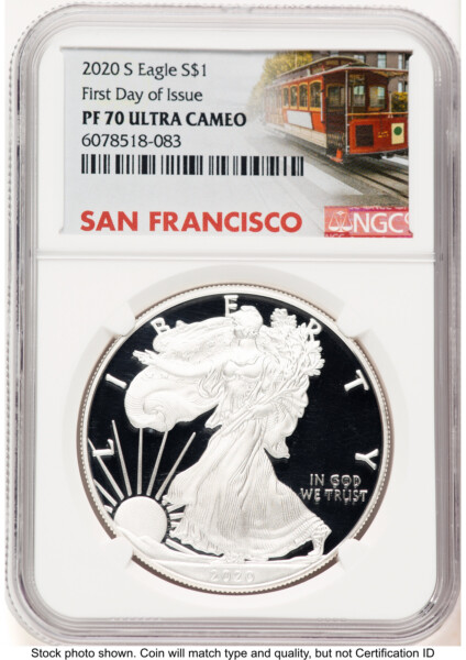 2020-S Proof Silver Eagle 1 oz FDI Trolley Label 70 NGC