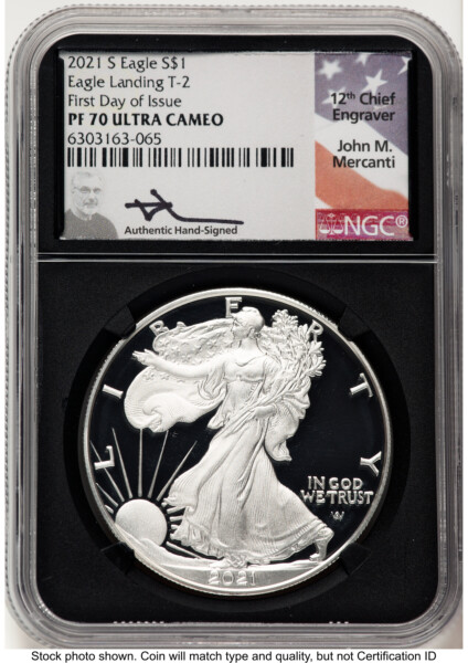 2021-S TY2 Proof Silver Eagle 1 oz FDI John Mercanti Blk Core 70 NGC