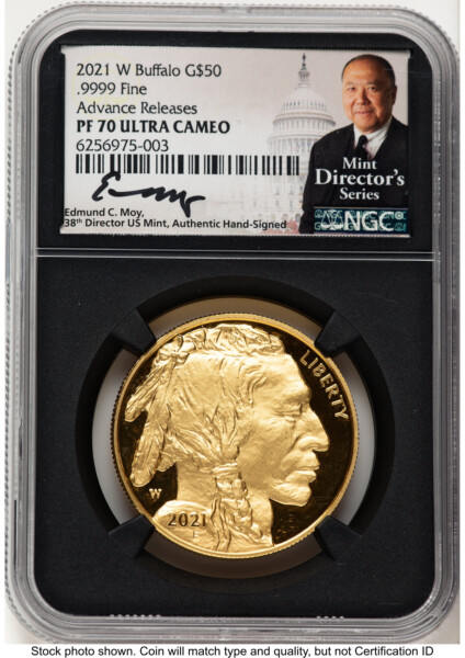2021-W Proof Gold Buffalo 1 oz AR Ed Moy Mint Director's Series Blk Core 70 NGC