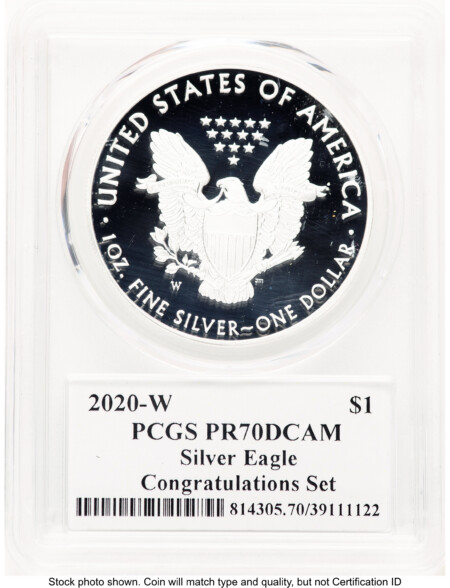 2020-W Proof Silver Eagle Congratulations Set 1 oz Premier Label 70 PCGS