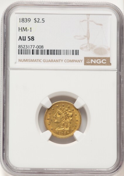 1839 $2 1/2 HM-1, MS Brown Label 58 NGC