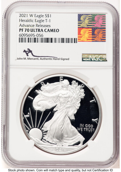 2021-W TY1 Proof Silver Eagle 1 oz AR John Mercanti Reagan Bust Art 70 NGC