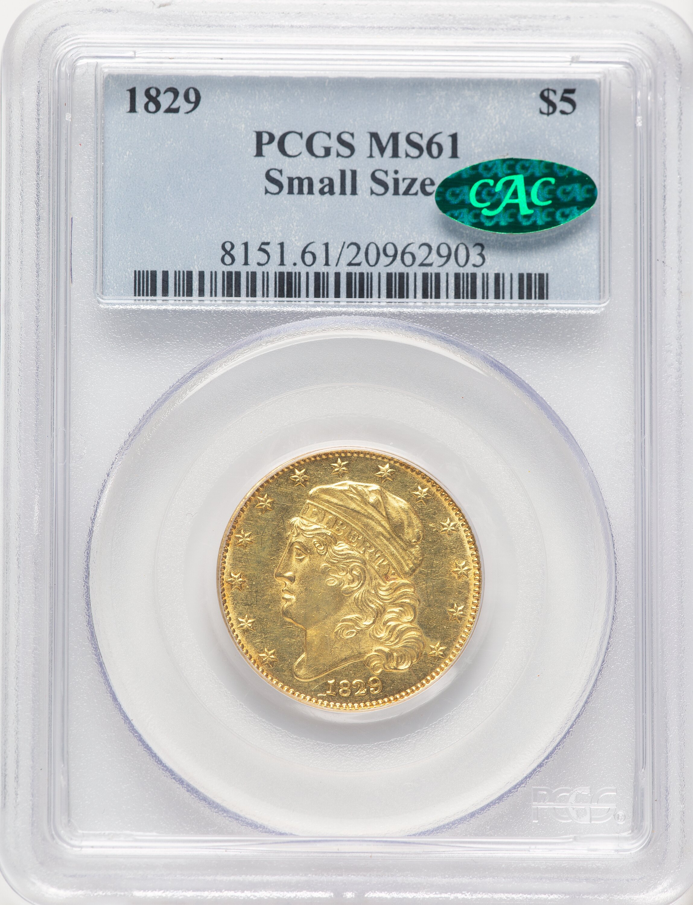 1829 $5 SM SIZE CAC 61 PCGS