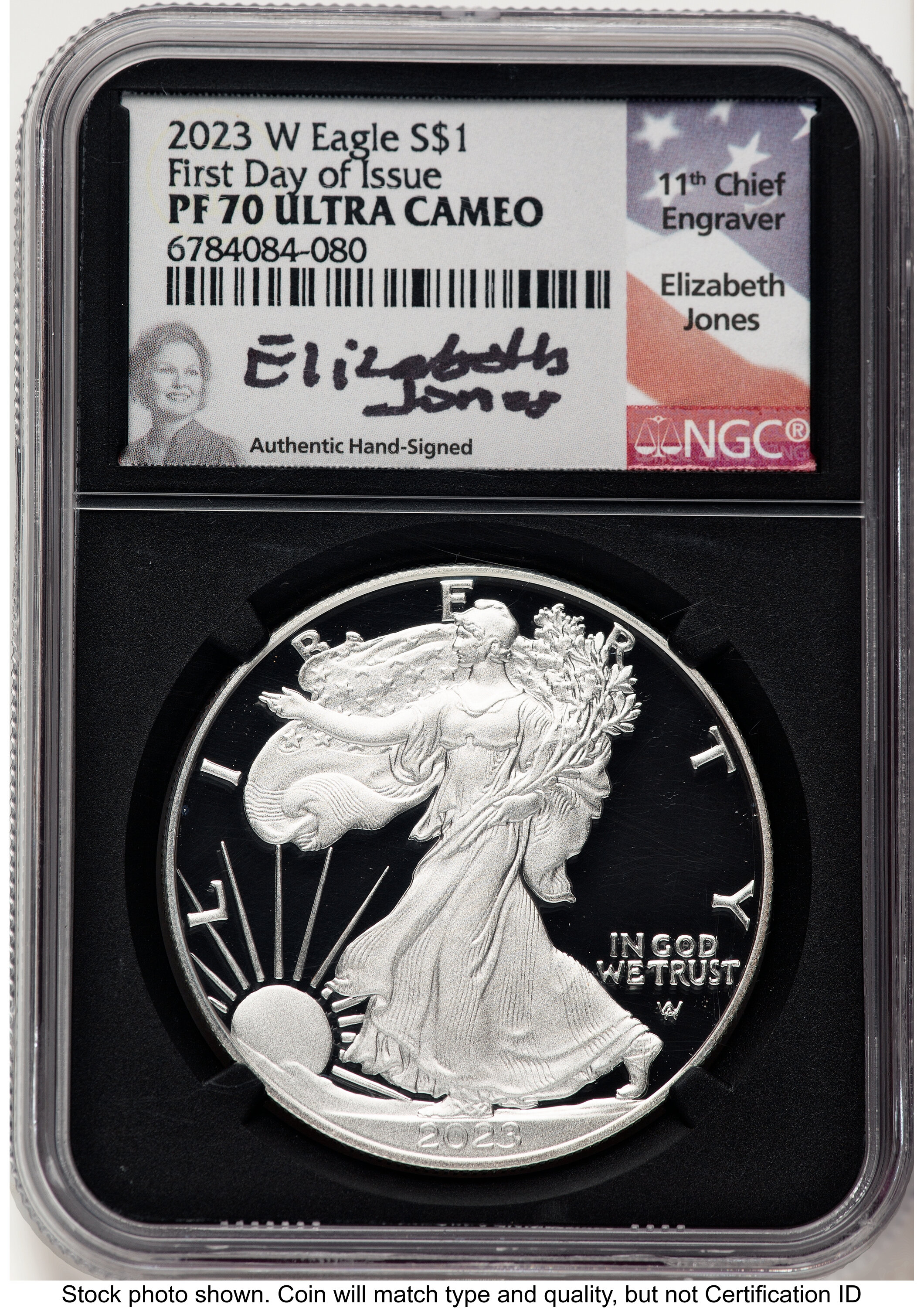 2023-W Proof Silver Eagle 1 oz FDI Elizabeth Jones Blk Core 70 NGC