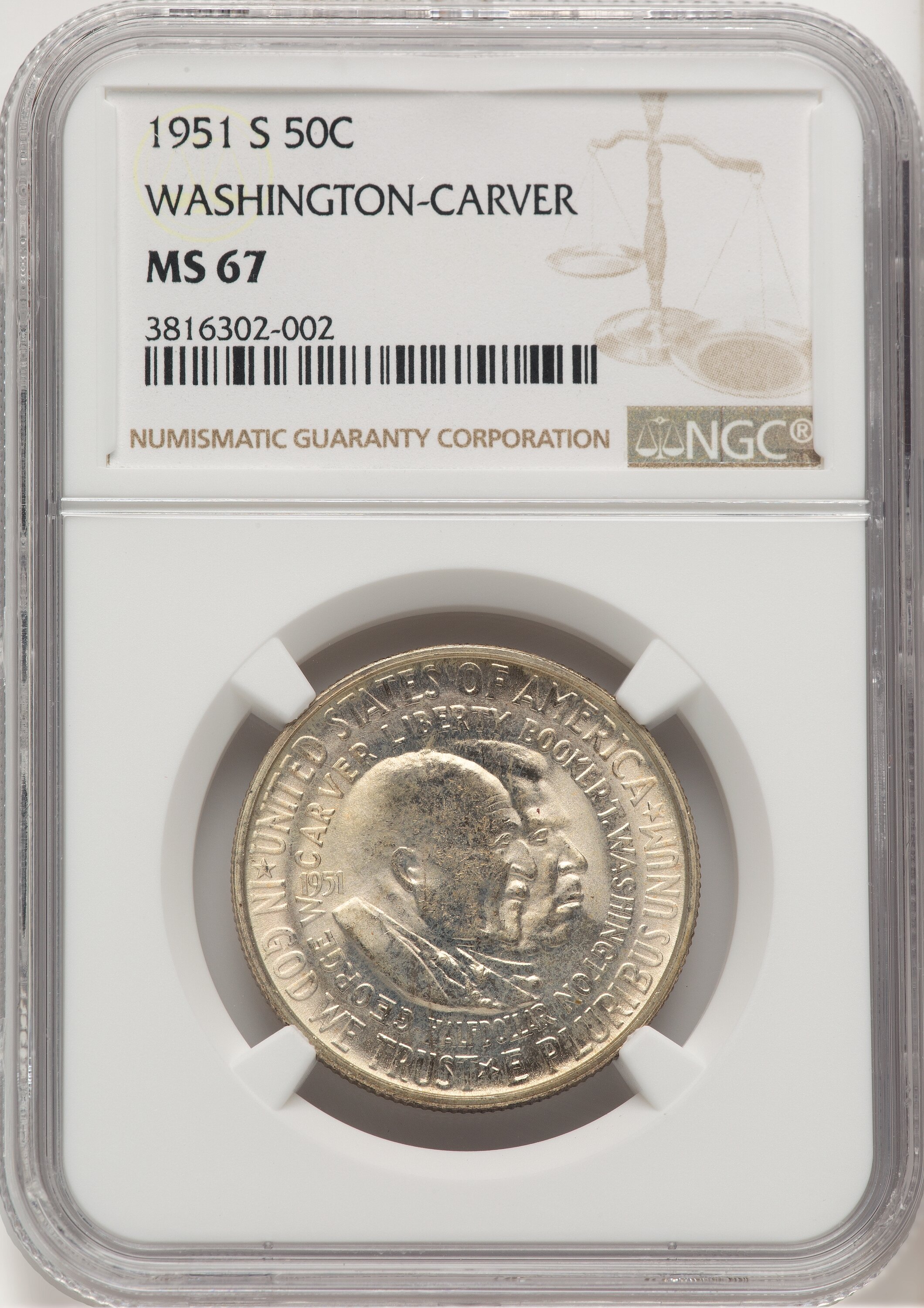 1951-S 50C Washington-Carver, MS 67 NGC