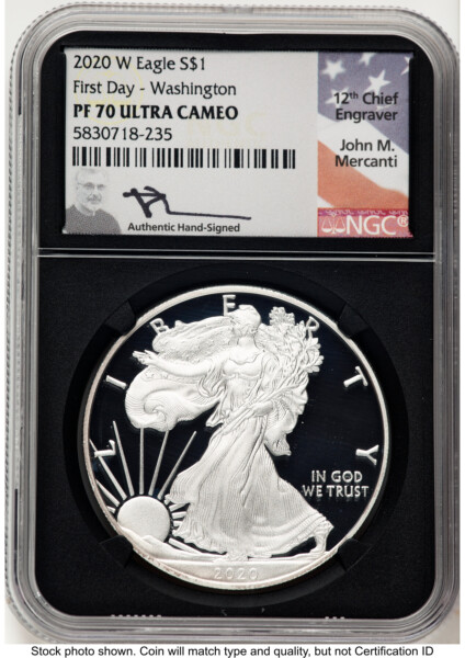 2020-W Proof Silver Eagle 1 oz FDI John Mercanti Washington DC Blk Core 70 NGC