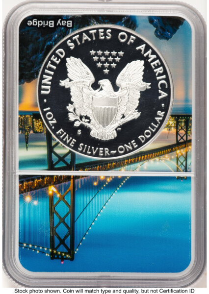 2020-S Proof Silver Eagle 1 oz FDI San Francisco Bay Bridge Core/Label 70 NGC