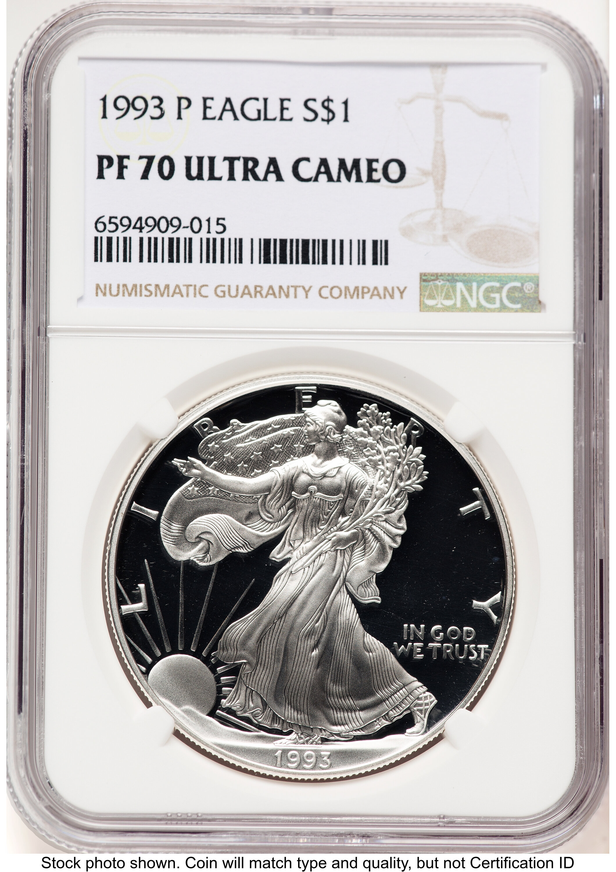 1993-P Proof Silver Eagle 1 oz Brown Label 70 NGC