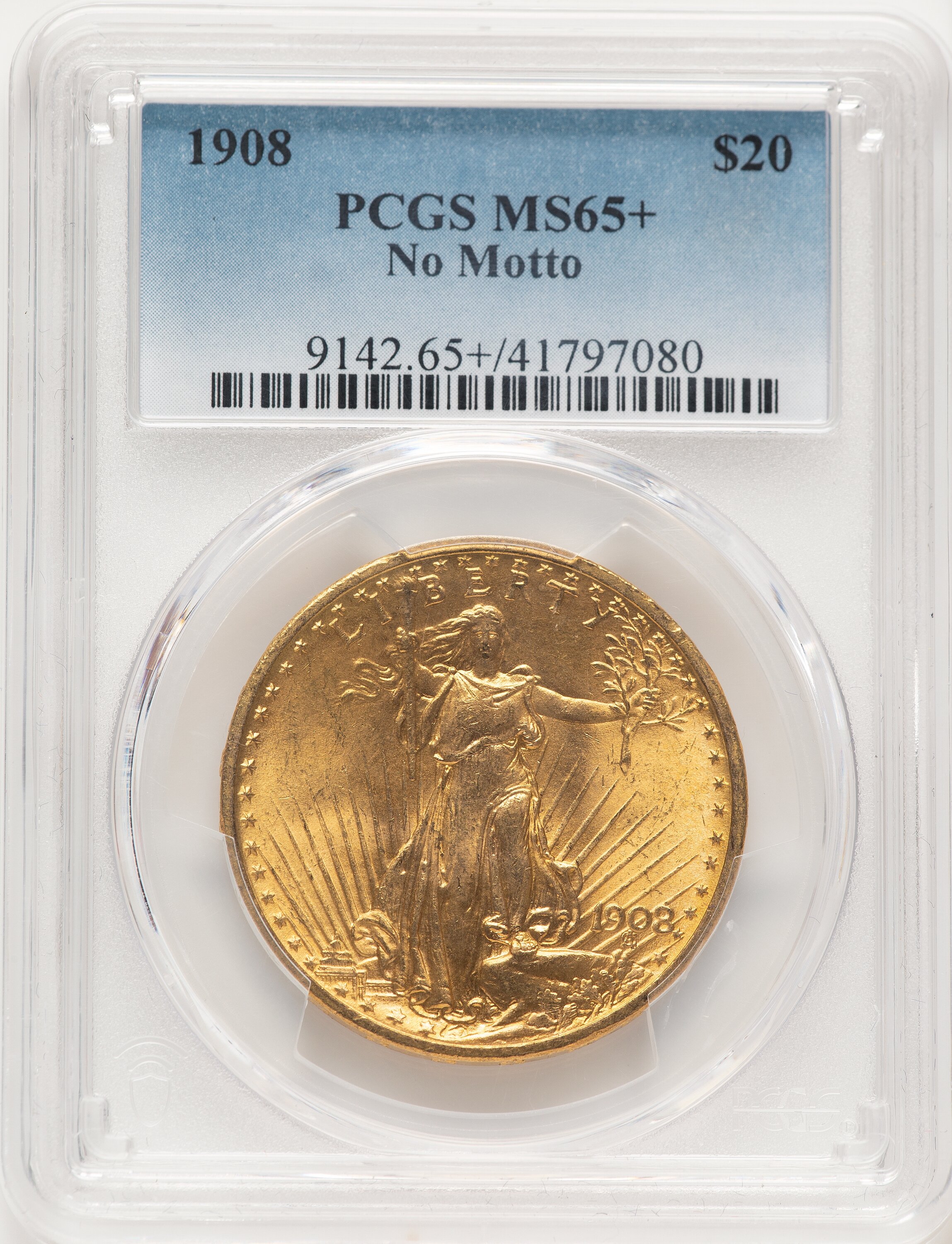 1908 $20 NO MOTTO PCGS Plus 65 PCGS