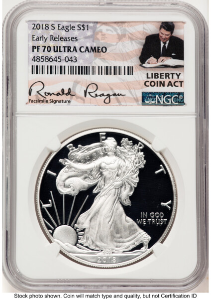 2018-S Proof Silver Eagle 1 oz ER Ronald Reagan Liberty Coin Act 70 NGC