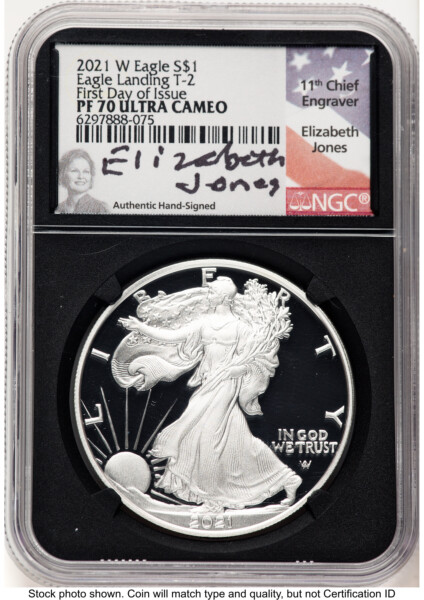2021-W TY2 Proof Silver Eagle 1 oz FDI Elizabeth Jones Blk Core 70 NGC