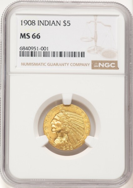 1908 $5 Indian, MS 66 NGC