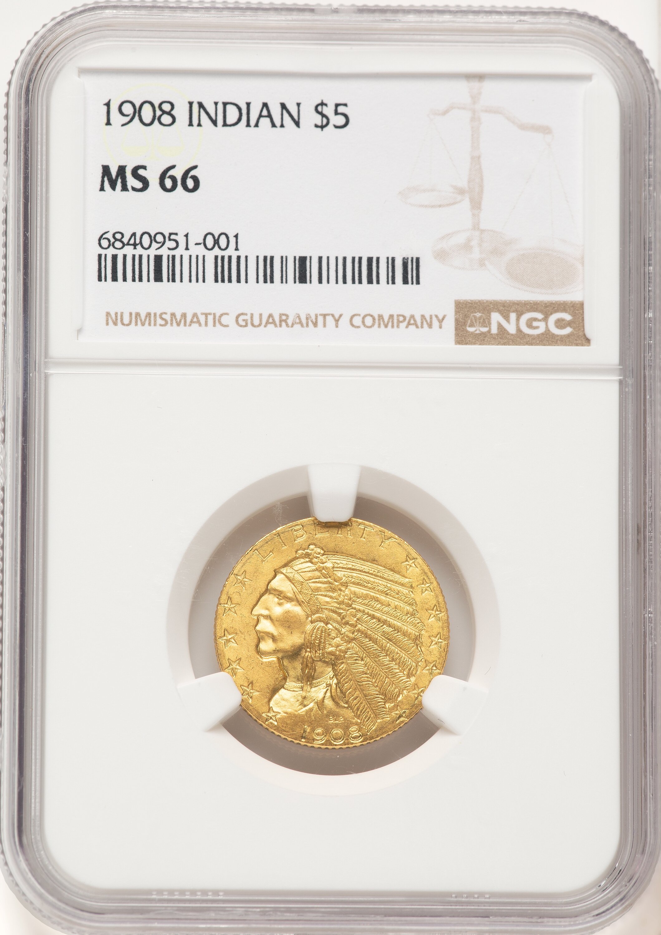 1908 $5 Indian, MS 66 NGC