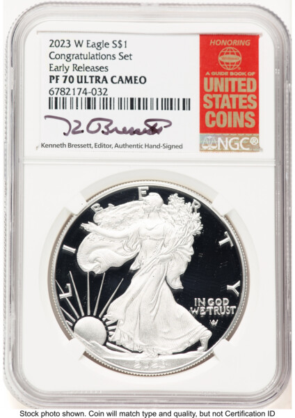 2023-W Proof Silver Eagle Congratulations Set 1 oz ER Kenneth Bressett Red Book 70 NGC