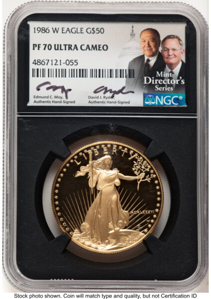 1986-W Proof Gold Eagle 1 oz Ed Moy/David J Ryder Mint Director's Series Blk Core 70 NGC