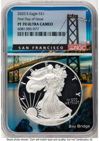 2020-S Proof Silver Eagle 1 oz FDI San Francisco Bay Bridge Core/Label 70 NGC