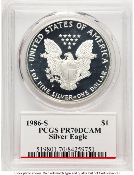 1986-S Proof Silver Eagle 1 oz John Mercanti Bridge 70 PCGS