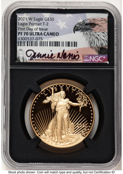 2021-W Type 2 Proof Gold Eagle 1 oz FDI Jennie Norris Blk Core 70 NGC