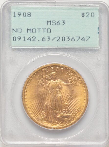 1908 $20 NO MOTTO 63 PCGS