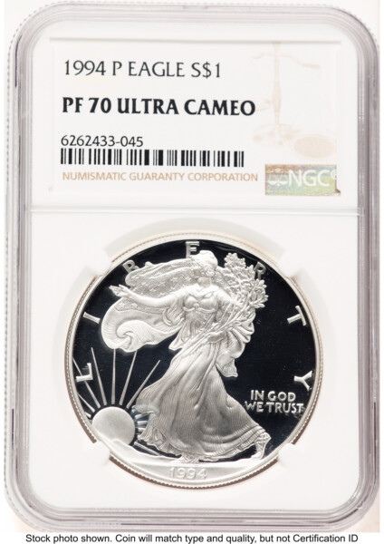 1994-P Proof Silver Eagle 1 oz Brown Label 70 NGC