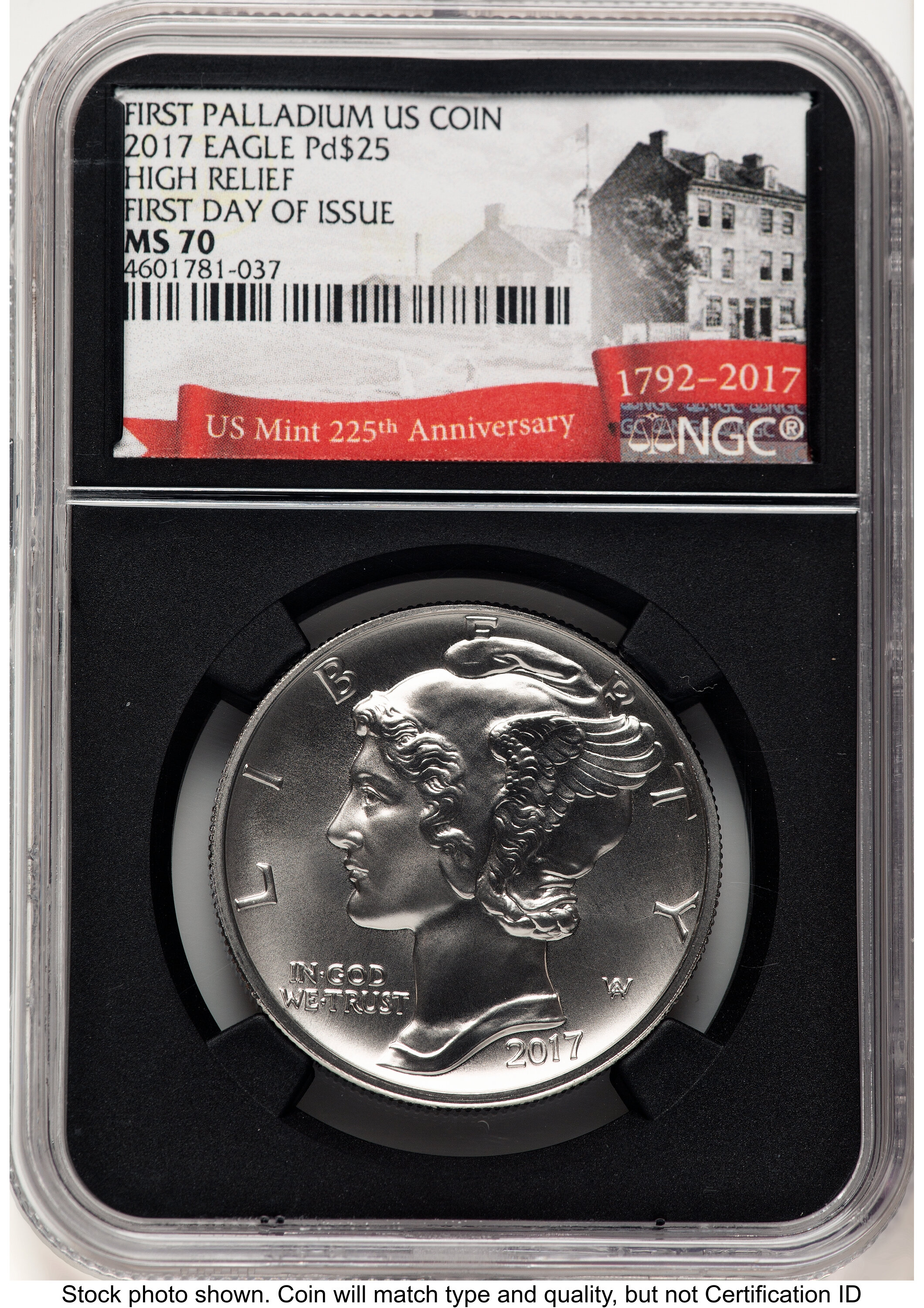 2017 Palladium Eagle 1 oz, MS FDI 225th Anniversary Label Blk Core 70 NGC