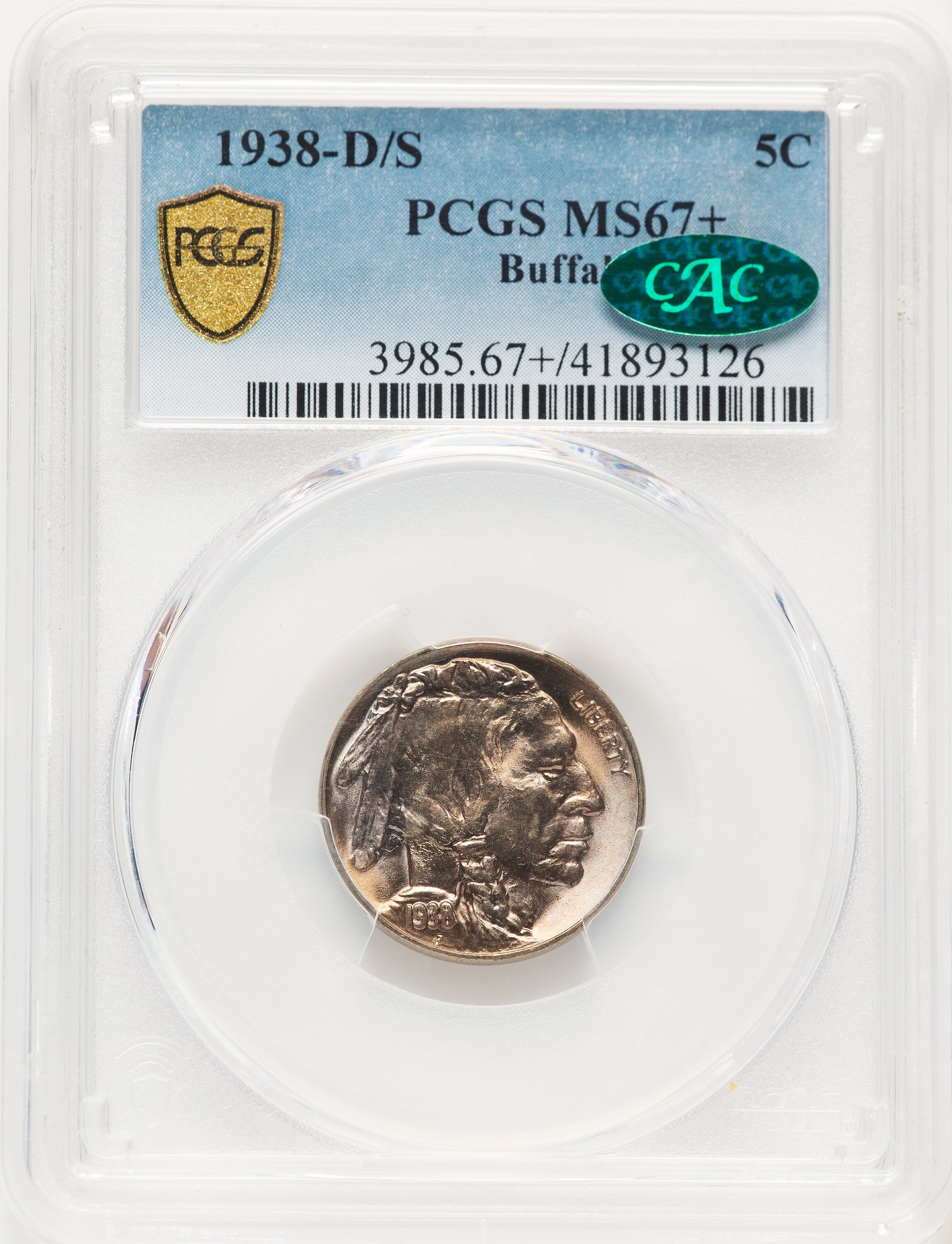 1938-D/S 5C Buffalo, MS CAC PCGS Secure PCGS Plus 67 PCGS