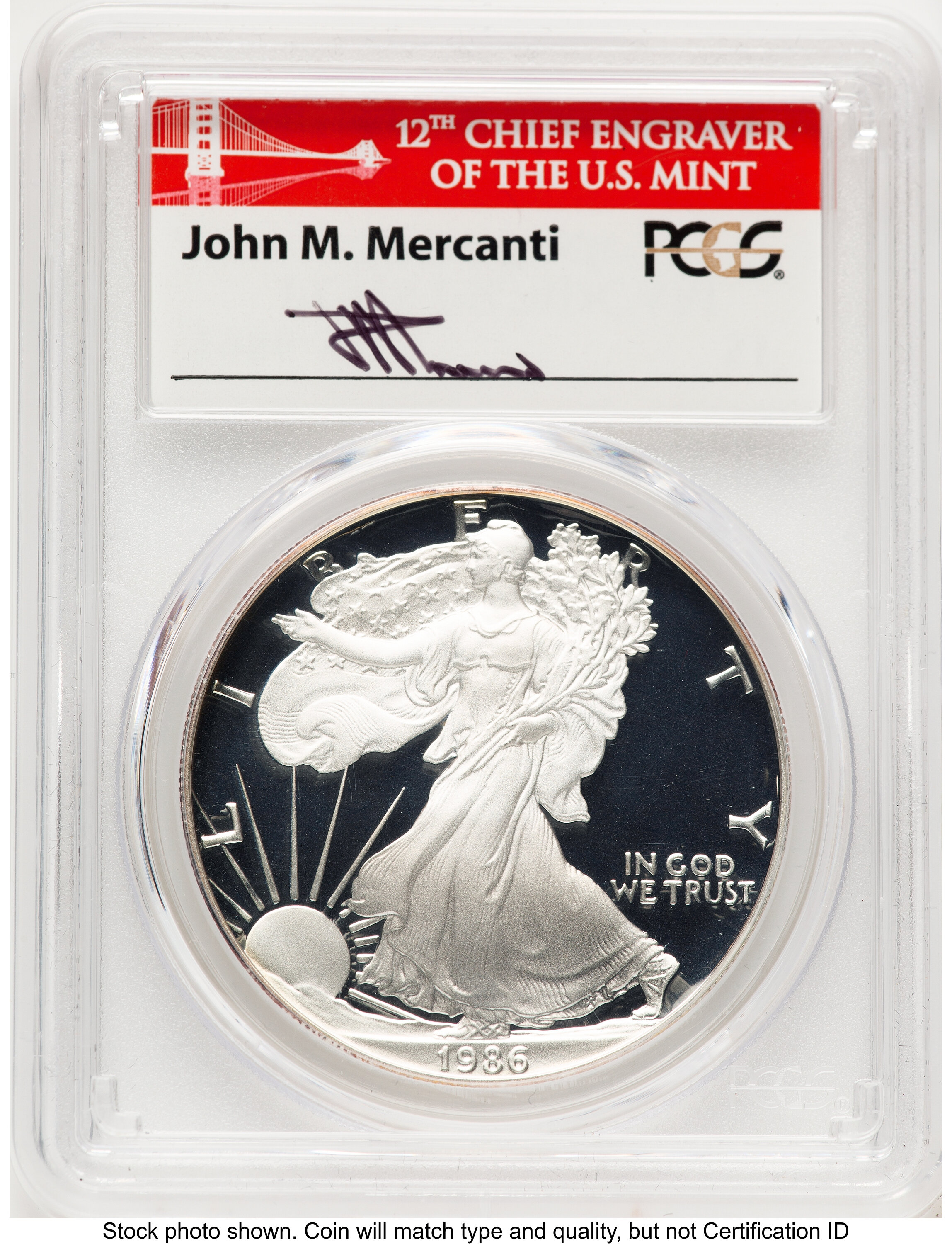 1986-S Proof Silver Eagle 1 oz John Mercanti Bridge 70 PCGS